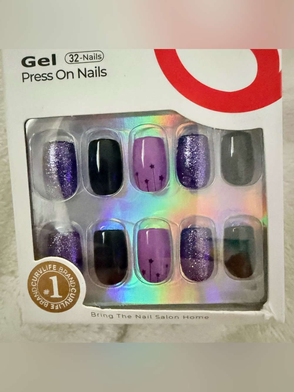 New Curvlife Press On Nails - Purple & Black Glitter Short Squoval Cosmic Dust